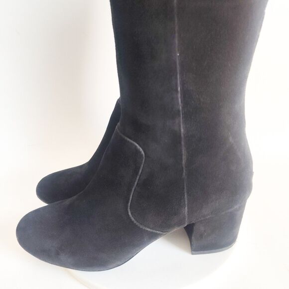 Nine West Knee High Boots Size 7.5 Black Suede Leather Block Heel Zip Riding - Picture 7 of 16